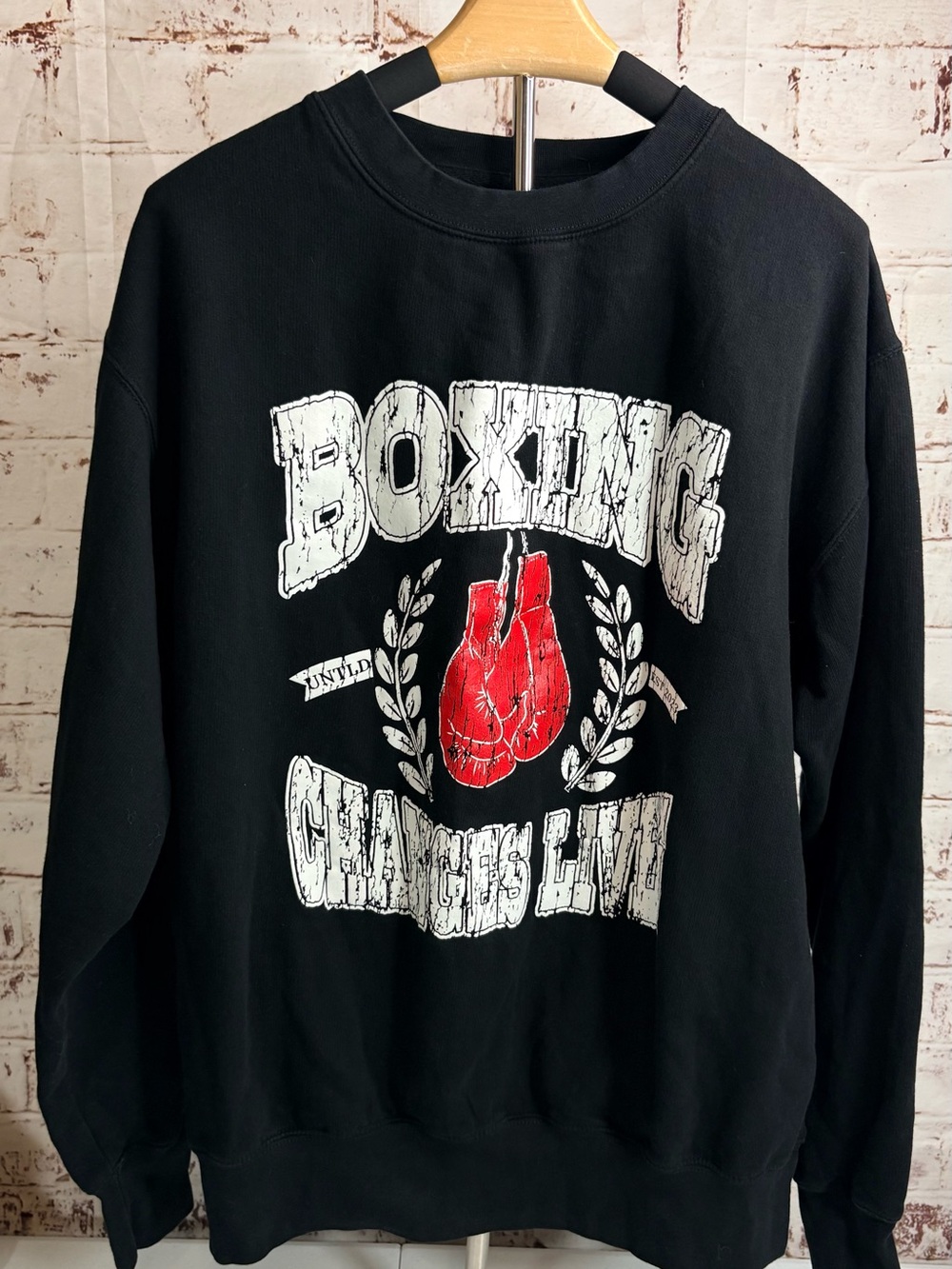 Black Crewneck Sweatshirt with Red Boxing Glove Graphic